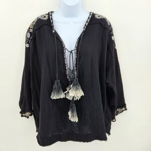Johnny Was Sai Black Embroidered Cotton Gauze Tassel Blouse Tunic P16618-9 Small